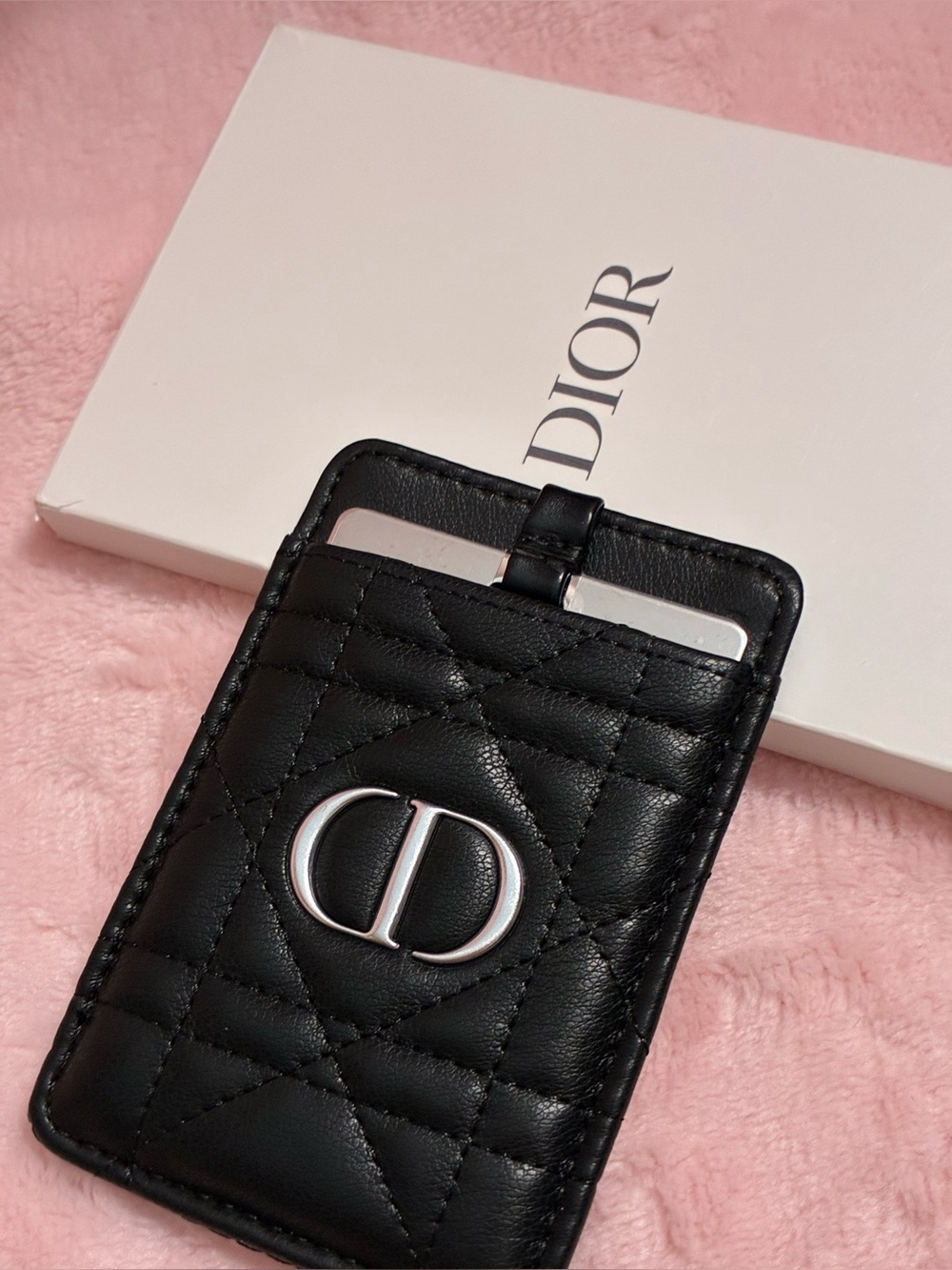 Christian Dior Cannage CD Leather Stick-On Phone Card Holder Wallet Black NIB